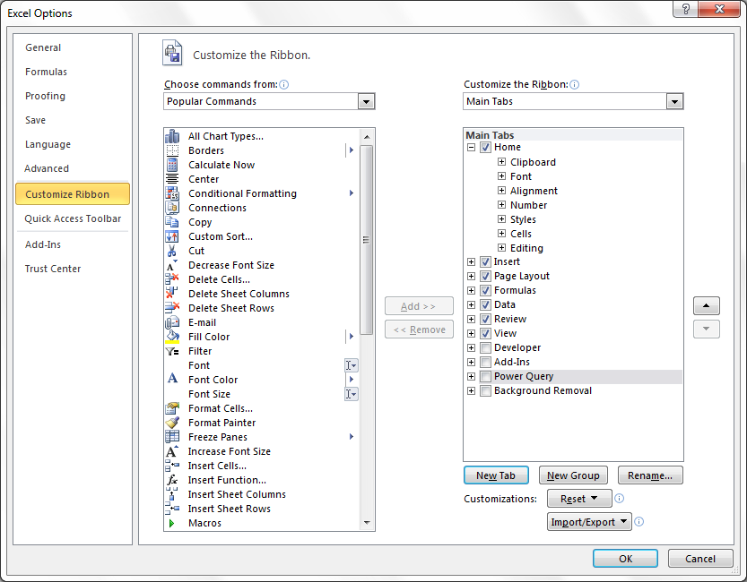 پنجره Customize the Ribbon در اکسل با فهرست فرمانها و زبانهها