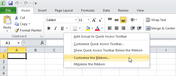 گزینه Customize the Ribbon در منوی کلیک راست ریبون اکسل