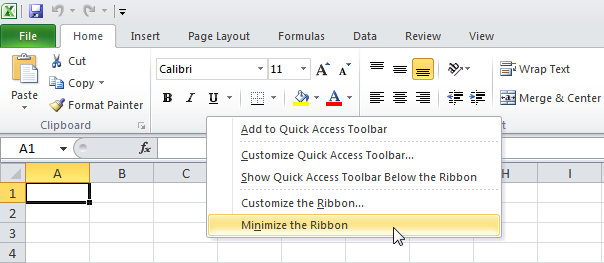 گزینه Minimize the Ribbon برای جمع کردن ریبون در اکسل 2010